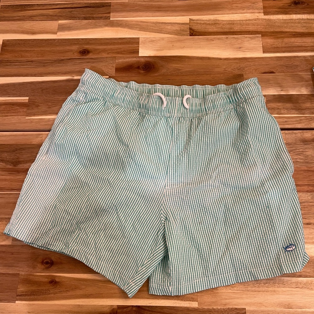 Southern Tide Green and White Seersucker Swim Trunks